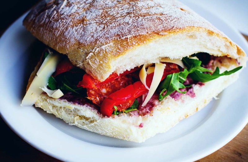 Focaccia bread sandwich with tomato and salad